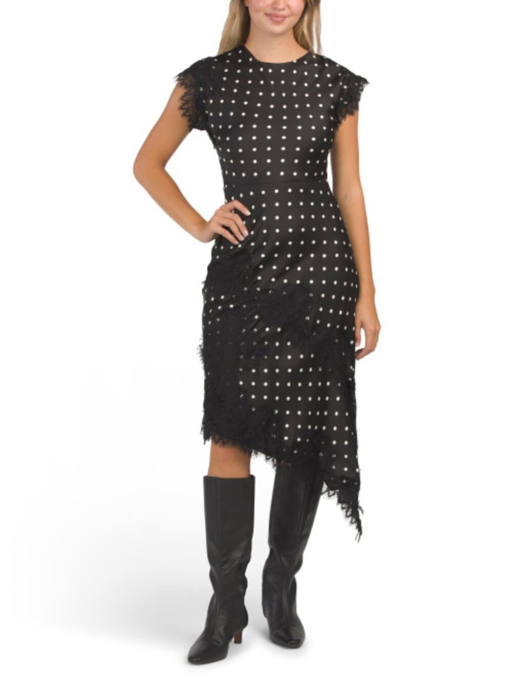ZOE & CLAIRE Short Sleeve Lace Trim Polka Dot Maxi Dress